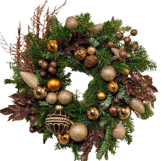 Golden Forest Wreath – coroniță de Crăciun cu globuri aurii și accente bronz