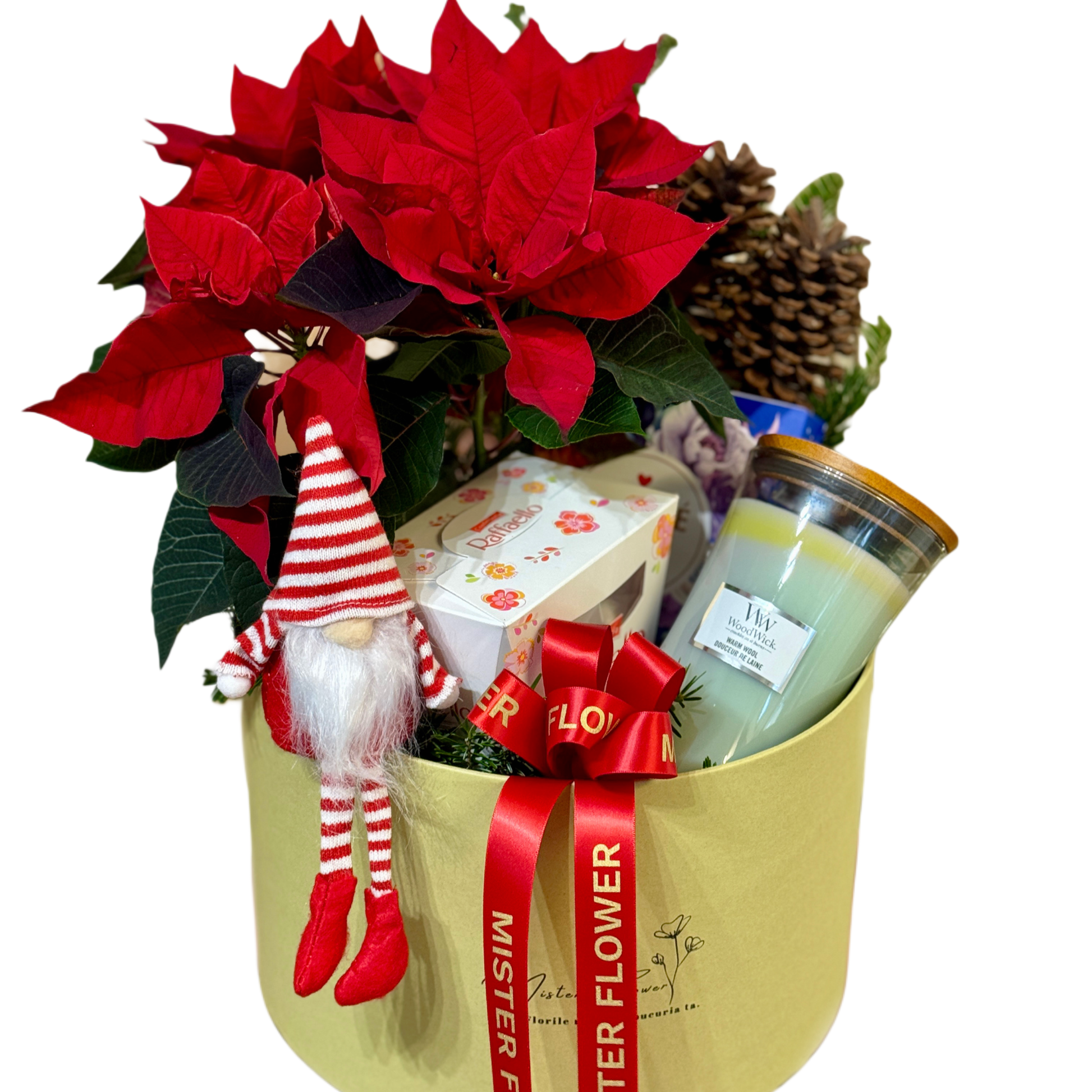 Holiday Cheer Gift Set cu Poinsettia roșie, lumânare și dulciuri