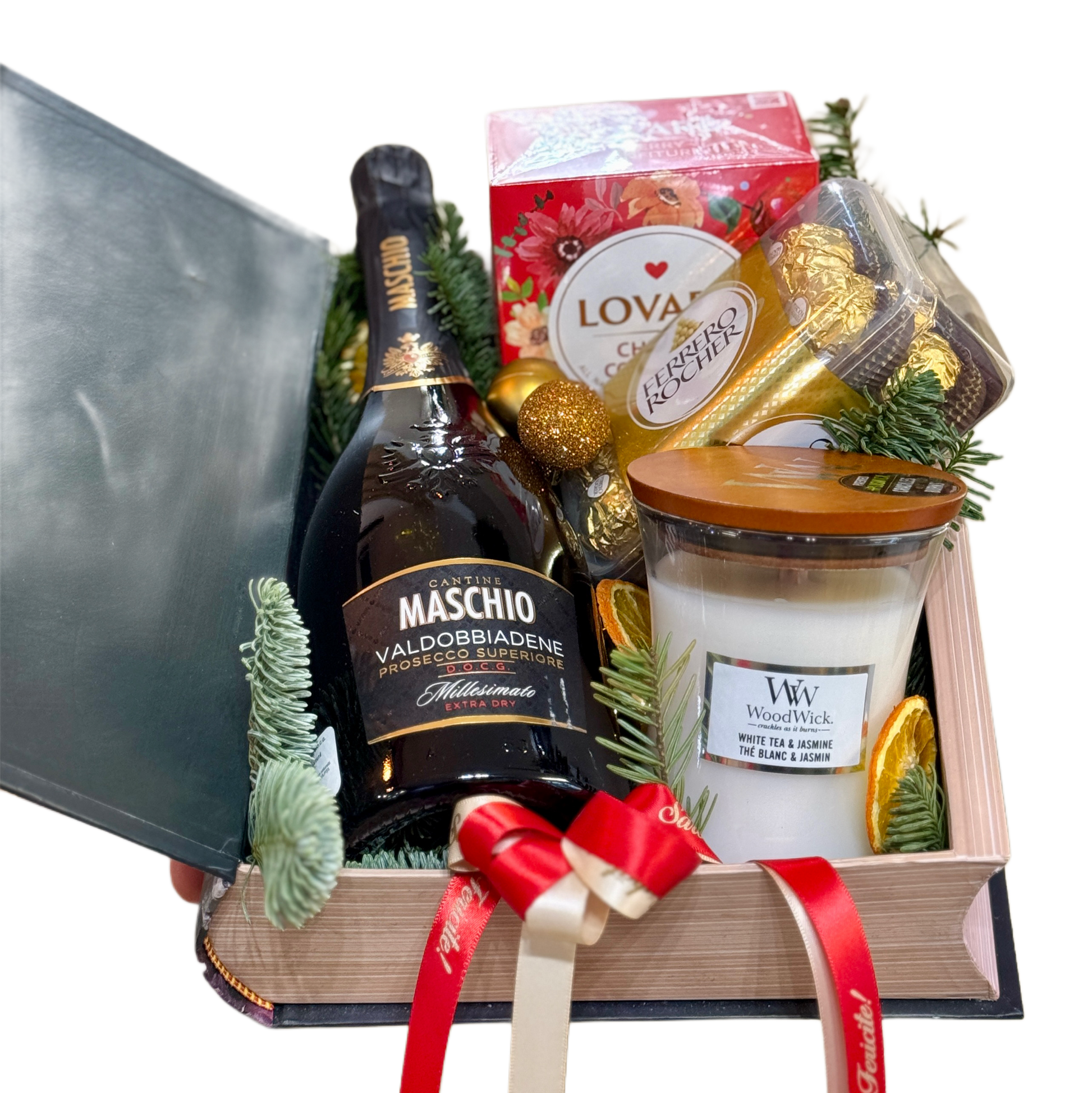 Holiday Prosecco Gift Book cu prosecco, lumânare WoodWick și praline