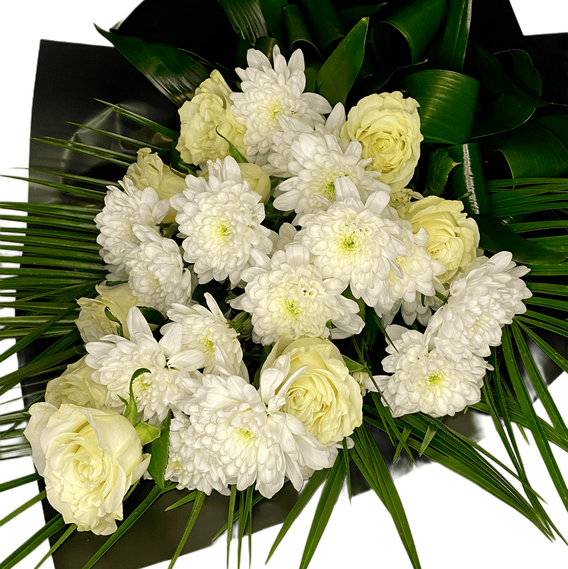 Buchet funerar cu crizanteme și trandafiri – omagiu floral, livrare Cluj