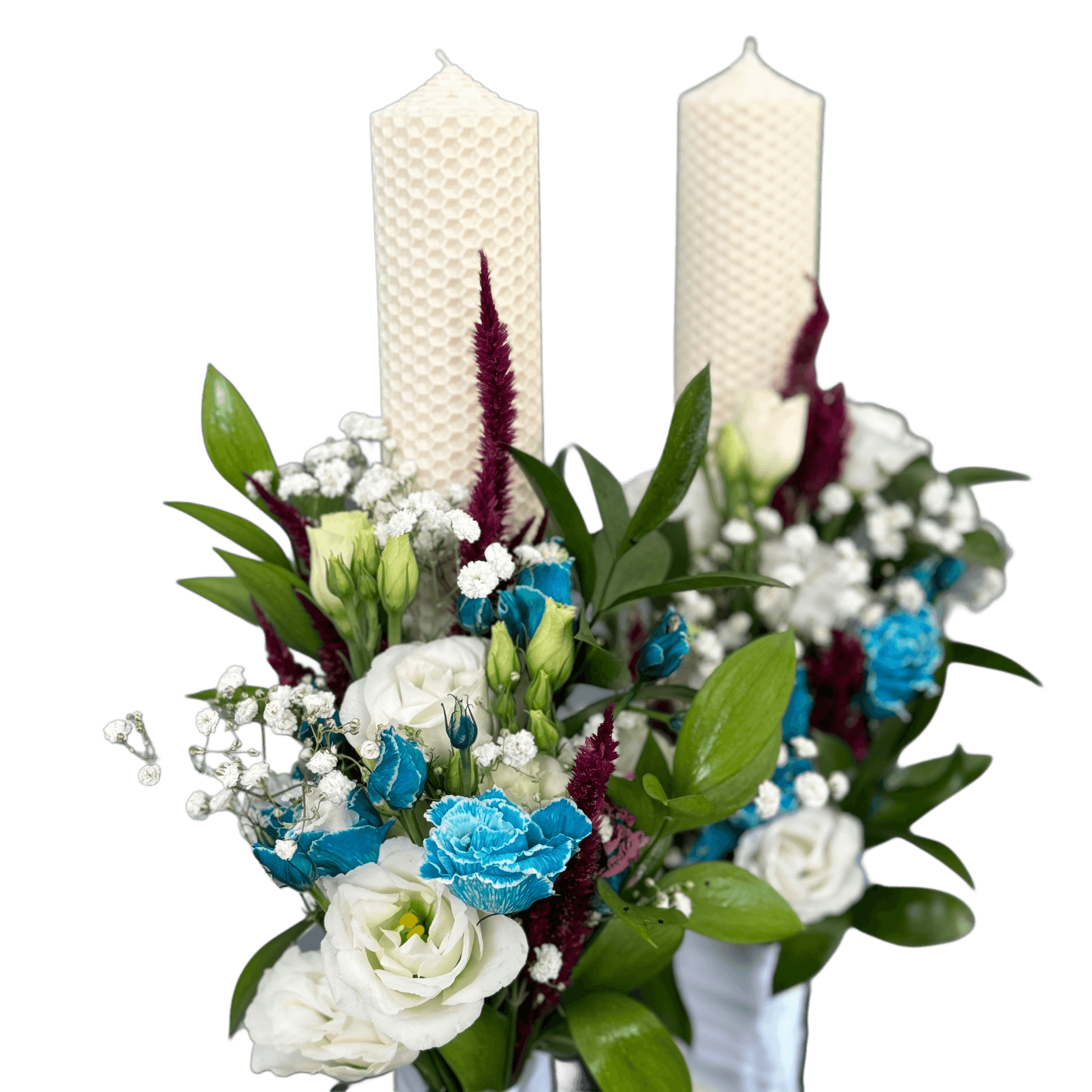 Lumânare florală cu eustoma alb-albastră – botez sau nuntă, Cluj