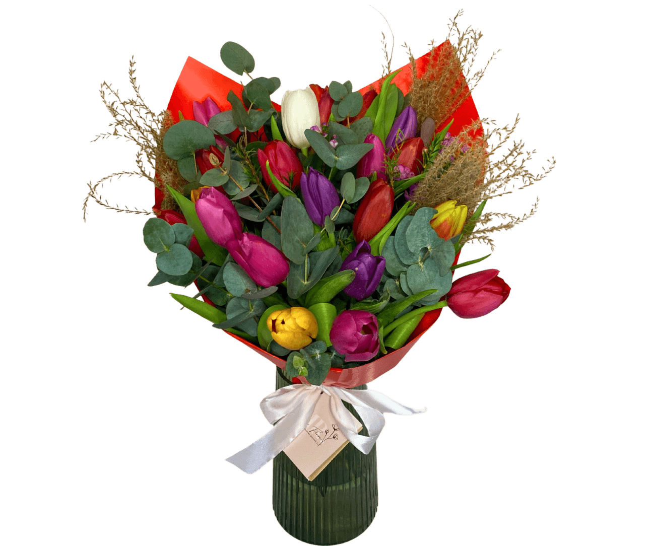 Buchet de 21 de lalele cu eucalipt natural – livrare Cluj și Florești