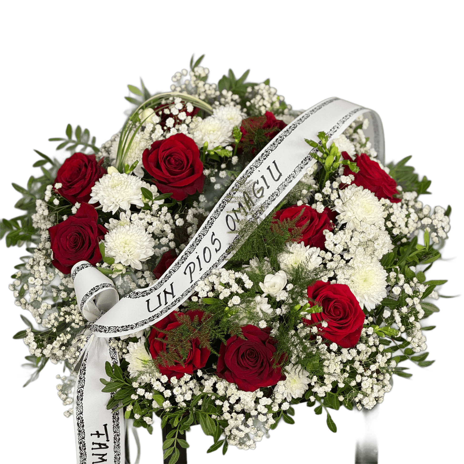Coroană funerară rotundă jerbă – flori albe cu livrare Cluj și Florești