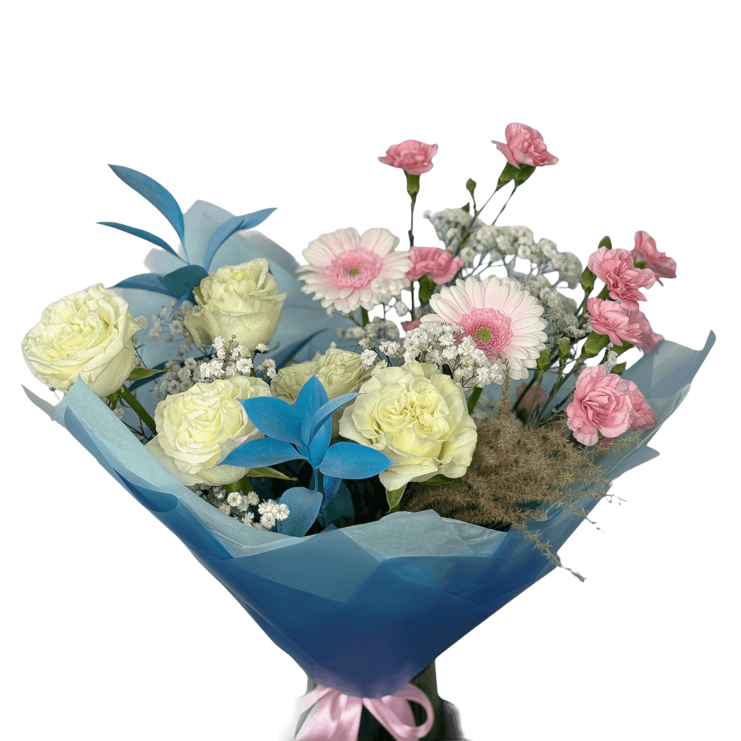 Buchet cu trandafiri albi și garofițe – flori elegante, livrare Cluj

