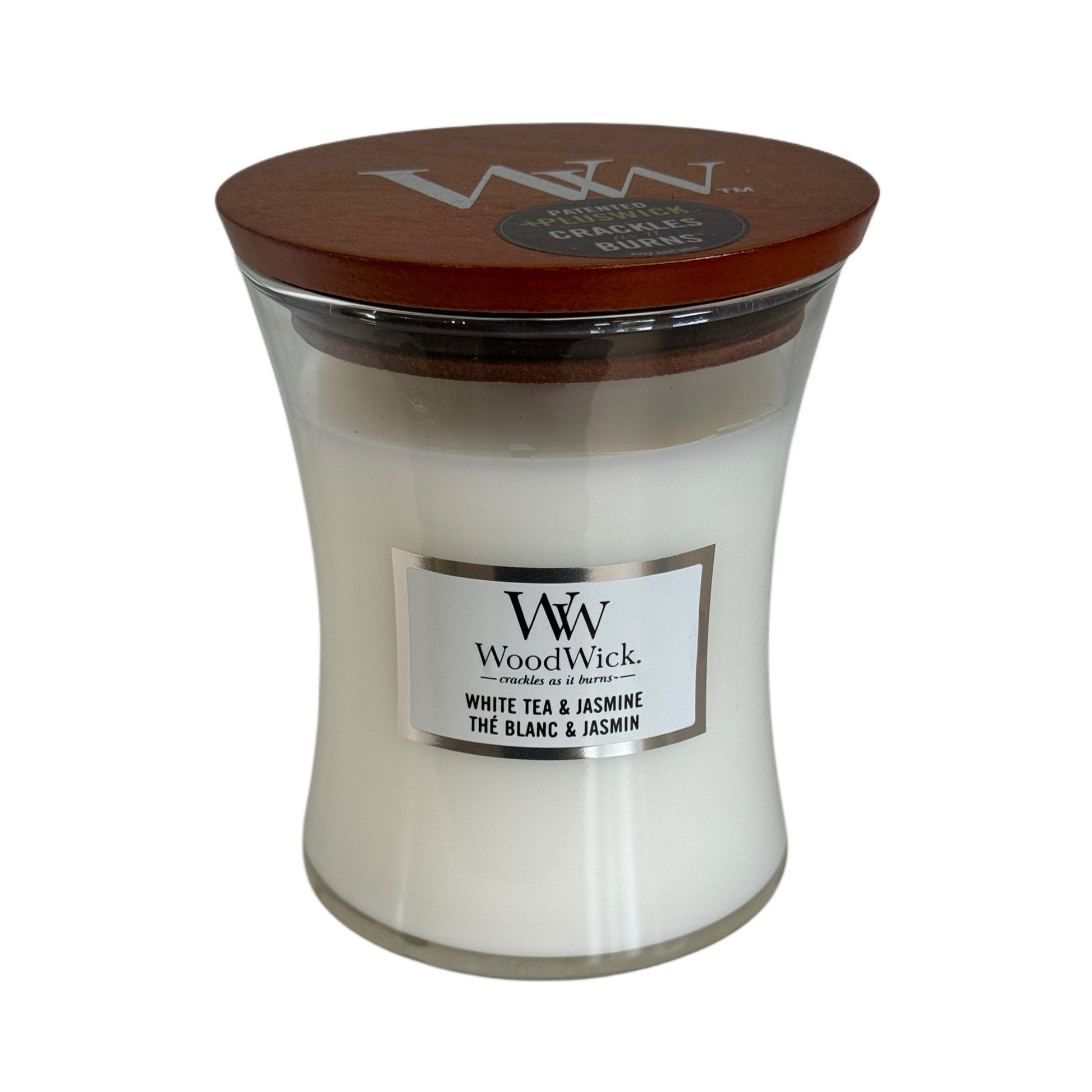 Lumânare parfumată WoodWick White Tea & Jasmine cu fitil din lemn, parfum floral, disponibilă la Florăria Mister Flower Florești, Cluj