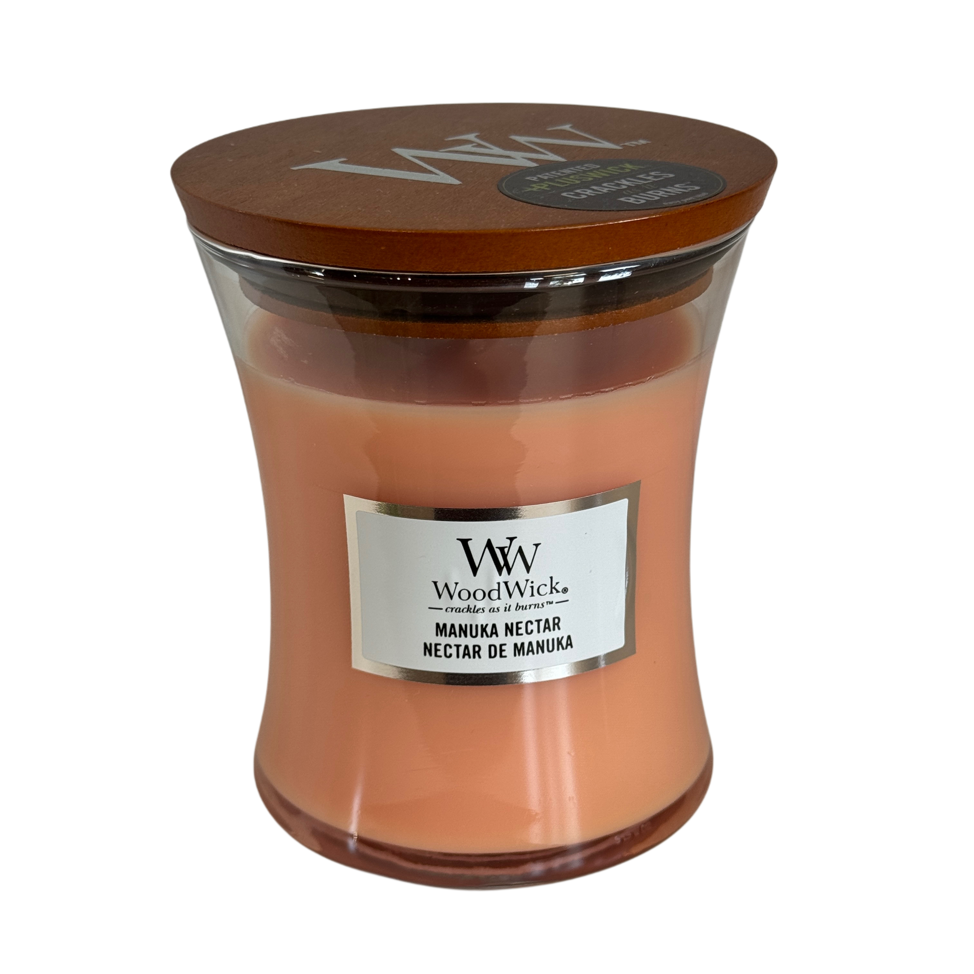 Lumânare parfumată WoodWick Manuka Nectar cu fitil din lemn, parfum exotic, disponibilă la Florăria Mister Flower Florești, Cluj