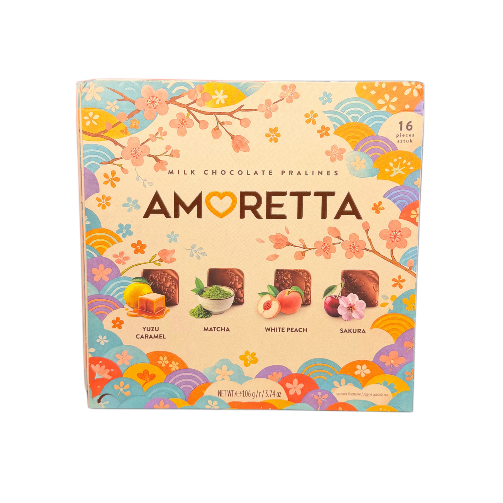 Praline Amoretta Japanese Flavours cu Yuzu Matcha White Peach și Sakura