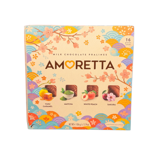 Praline Amoretta Japanese Flavours cu Yuzu Matcha White Peach și Sakura