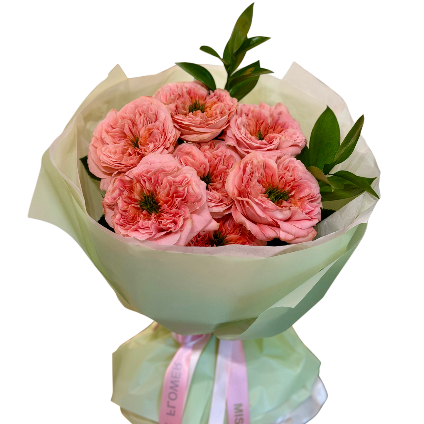 Buchet Pink Mandarin Garden cu trandafiri de grădină roz și verdeață decorativă