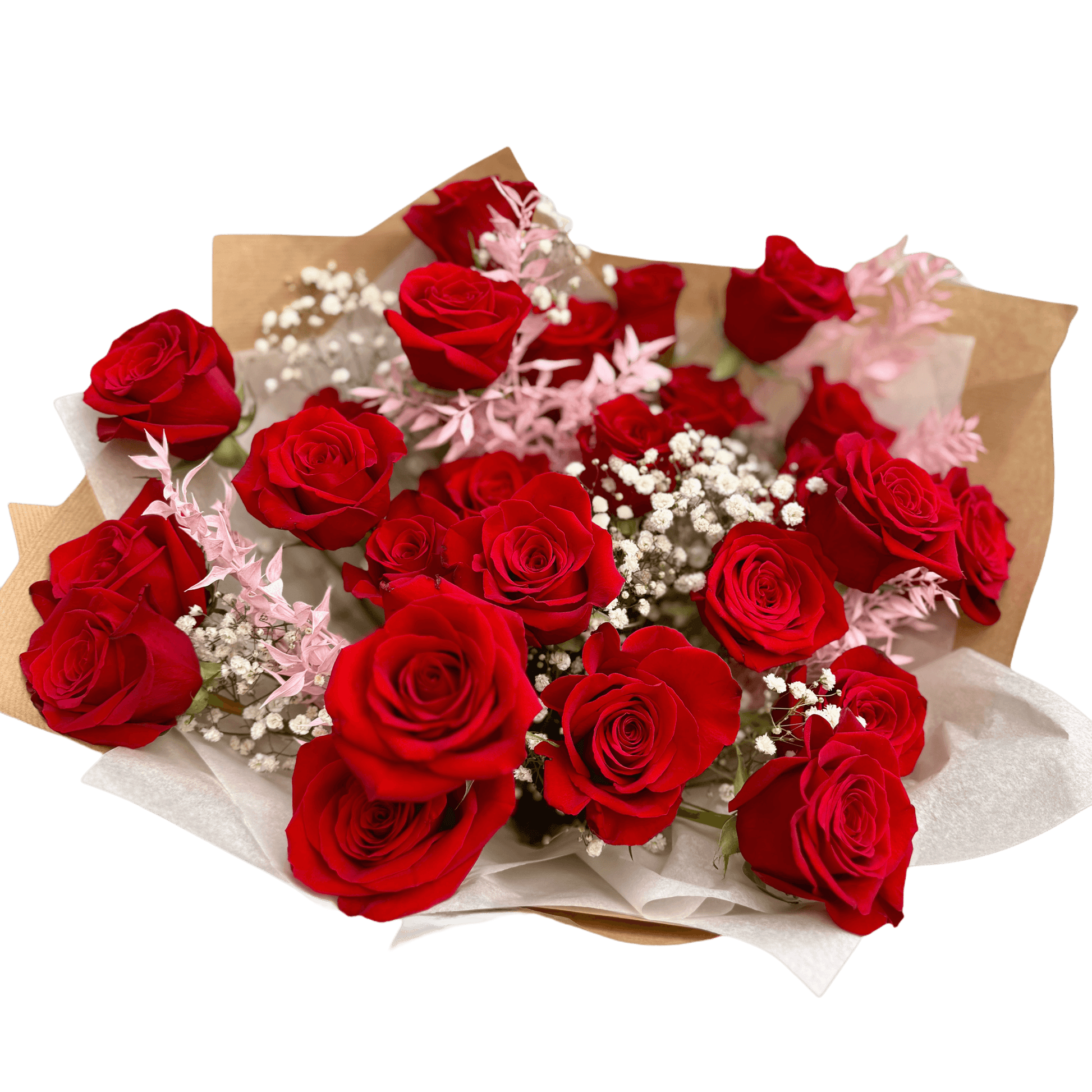Buchet de 25 trandafiri roșii cu gypsophila și ruscus roz – livrare Cluj