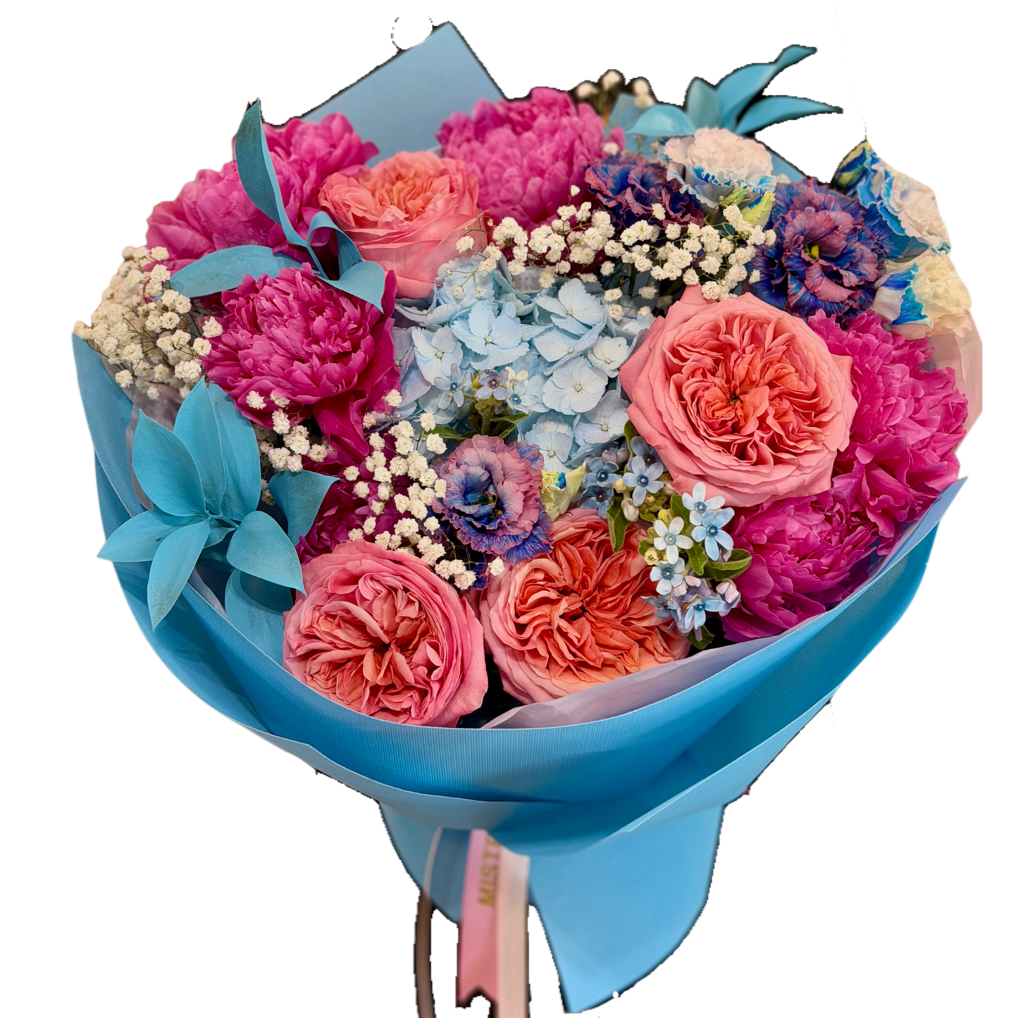 Buchet Blueberry Kiss cu bujori roz, hortensie albastră, trandafiri de grădină și eustoma albastră