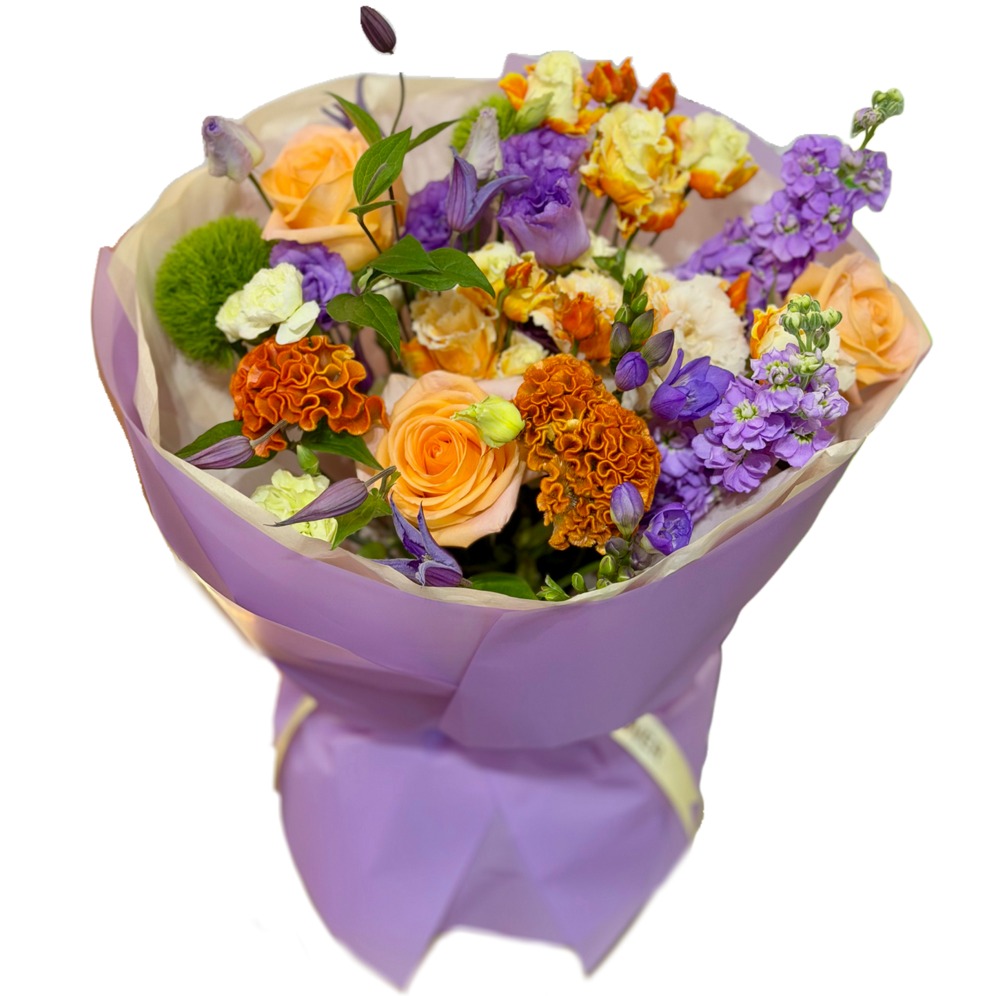 Buchet Sunset Lavender cu trandafiri piersică, lisianthus mov, matthiola lila și accente portocalii