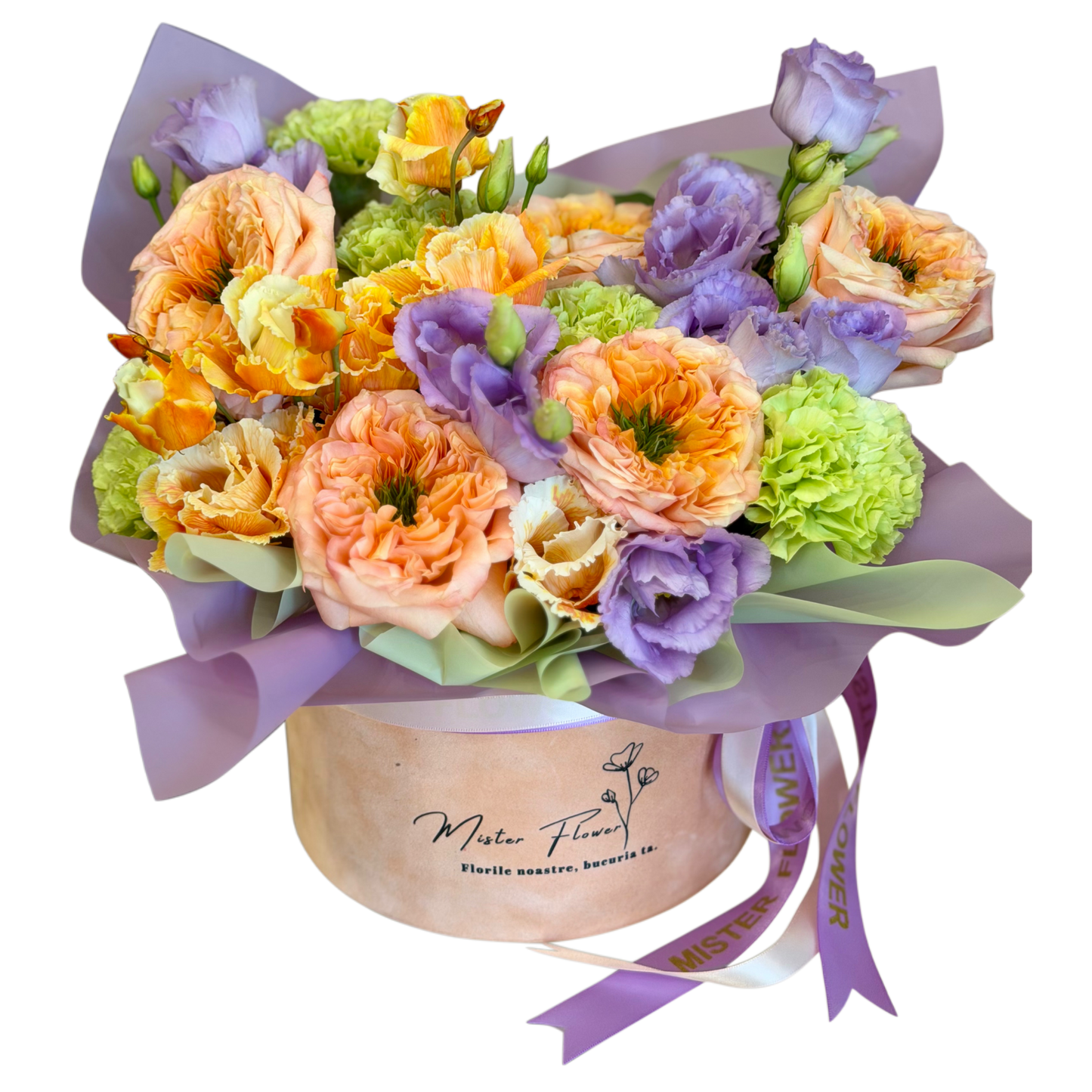 Cutie florală Peach Lavender Garden cu trandafiri Garden Roses, eustoma mov și garoafe verzi